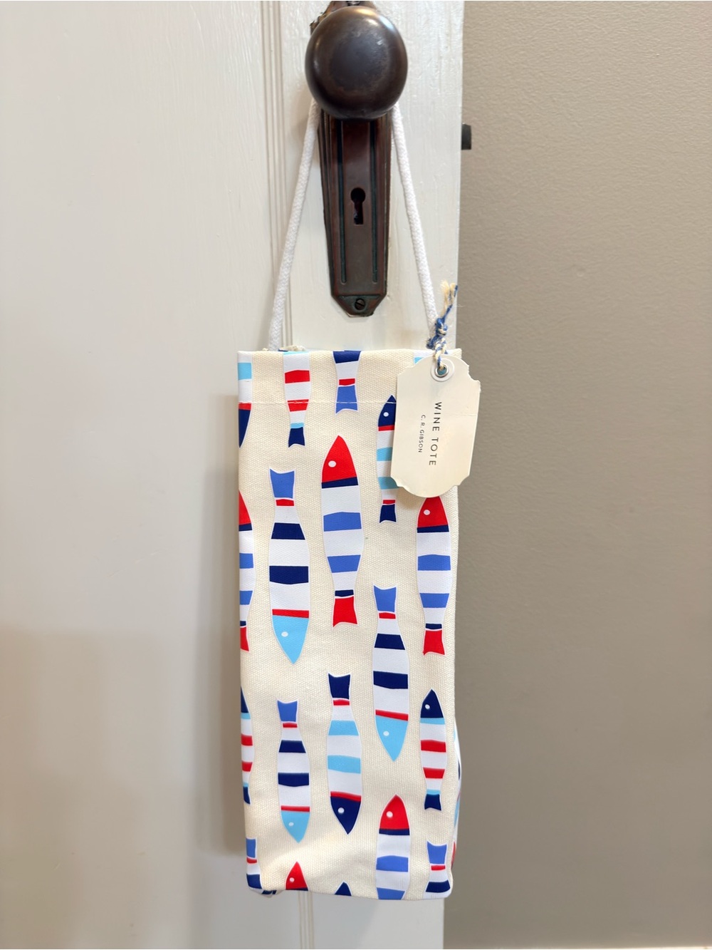 C.R. Gibson Fresh Catch Striped Fish Wine Tote in Red, Blue, and White